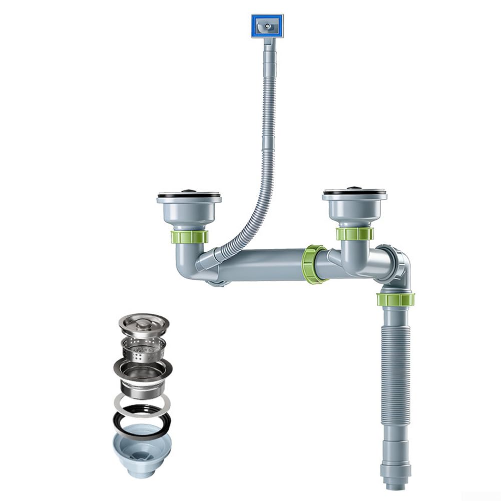 Kit di scarico per lavello da cucina a doppia vasca, set di tubi di scarico | Acciaio inossidabile 304 e PVC ispessito, tazza trasparente anti-odore, drenaggio migliorato, adatto per riporre sotto il