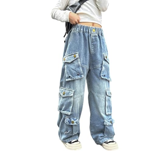 Pantalon cargo jean fille ado large coupe droite denim automne décontracté