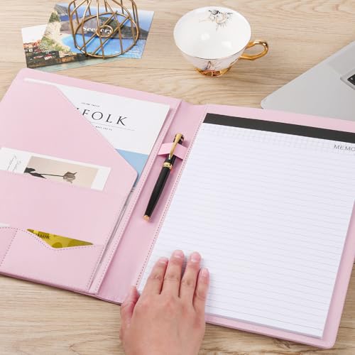 Image of Pacific Mailer Padfolio Portfolio Leather Binder, Interview Legal Document Organizer, Business Card Holder Included Letter Sized Writing Pad [Pink, Piano Noir Faux Leather Matte Finish]