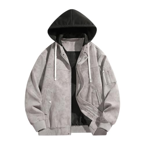 fartey Faux Leather Jacket Men Hooded Full Zip Bomber Sleeve Pocket Coats - image 3