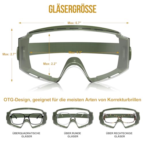 OneTigris Schutzbrille, taktische schutzbrille staubdicht, sicherheitsbrille, Ultravision Vollsichtbrille Für Brillenträger, Baustelle, Labor, Werkstatt und Fahrrad-Fahren, OD Grün