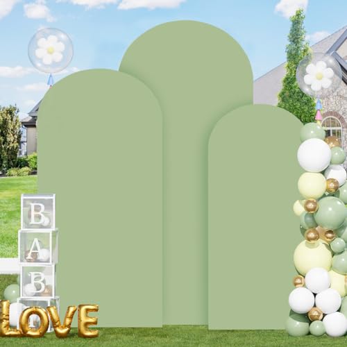 Image of FOTSHARER Spandex Arch Cover 6FT 6.6FT 7.2FT Sage Green Wedding Arch Backdrop Cover for Round Top Arches Chiara Arch Cover Backdrop Fabric Wedding Arch Stand Cover Spandex Fit Arch Cover Cloth Decor