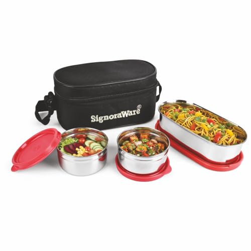 Image of SignoraWare Mini Double Decker Stainless Steel Lunch Box,(225ml+225ml+450ml, Red), Dishwasher Safe, Retains Freshness & Quality, Best for Office Executives & Students, Picnics and Outings