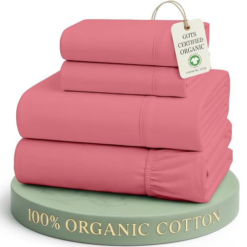 Image of LANE LINEN Full Bed Sheets Set 100% Organic Cotton GOTS Certified Percale Weave Deep Pocket 4 Piece Soft Breathable Cooling Lightweight All Season Machine Washable Crisp - Mineral Red