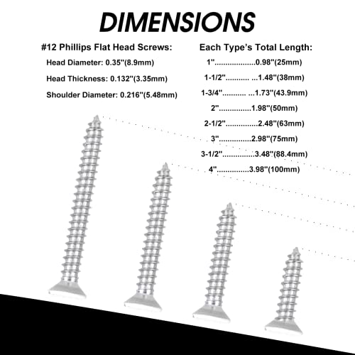 Image of 100 PCS #12X1-1 /2(1.5 inch) Stainless Steel Phillips Flat Head Wood Screws,Stainless Steel 18-8 A2(304) Screw,Home Screw Kit by QISHENG