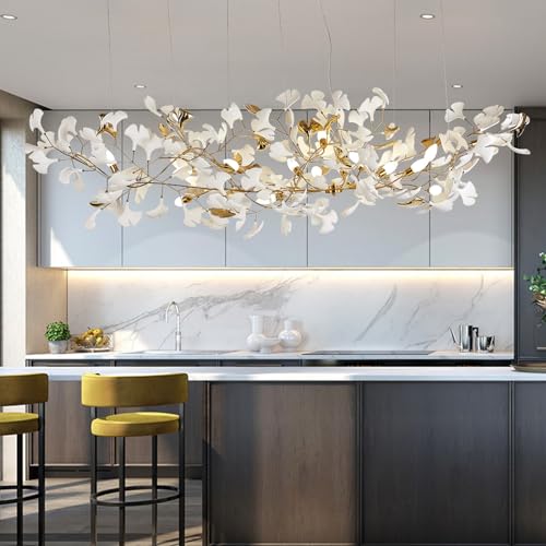 Image of Tree Branch Chandelier, L79 Inch Ginkgo Leaf Chandeliers Brass Chandelier Pendant Light Fixtures for Dining Room Living Room Kitchen Island, 16-Light