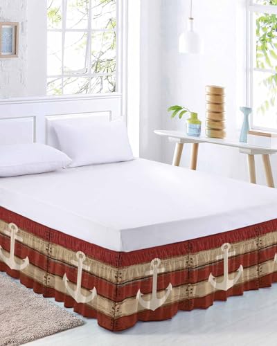 Nautical Anchor Bed Skirt King Size 18 Inch Drop, Adjustable Elastic Wrap Around Bed Skirts Easy Fitting Dust Ruffle Bedskirt Bed Frame Cover Red Beige Rretro Wooden Board Textures