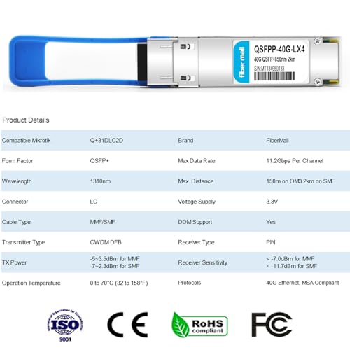 Image of 40G QSFP+ LX4 Optical Transceiver Module,Compatible with Mikro TIK Q+31DLC2D,40GBASE-UNIV QSFP+ 1310nm 4 CWDM 1310nm 2km /150m SMF /MMF LC DDM