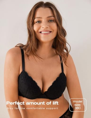 Deyllo Women’s Push Up Lace Bra Comfort Padded Underwire Bra Lift Up Add One Cup4