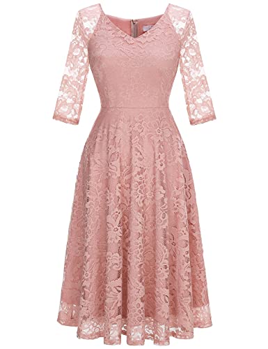 Image of Dressystar Womens Long-Sleeve Wedding Guest Dress A-Line Lace Formal Party Cocktail Midi Dress Prom Gown