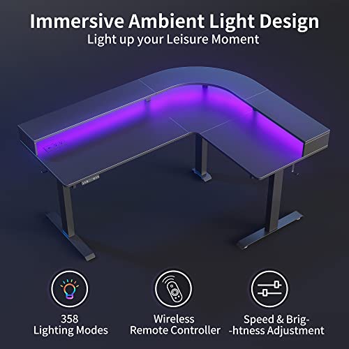 Image of FEZIBO L Shaped Standing Desk with Arc LED & Power Outlet, Exclusive Uprated 3 Motors Support 330LBS, Electric Height Adjustable L Shaped Desk with Large Monitor Stand, for Gaming Office, Black