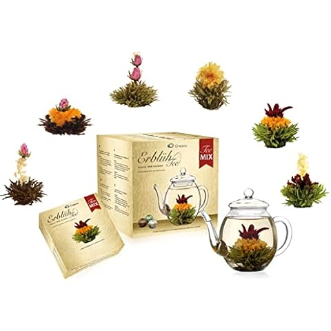 Creano Teeblumen Mix - goldenes Geschenkset Erblühtee mit Glas Teekanne weißer, grüner & schwarzer Tee in 6 Sorten Geschenk Cover