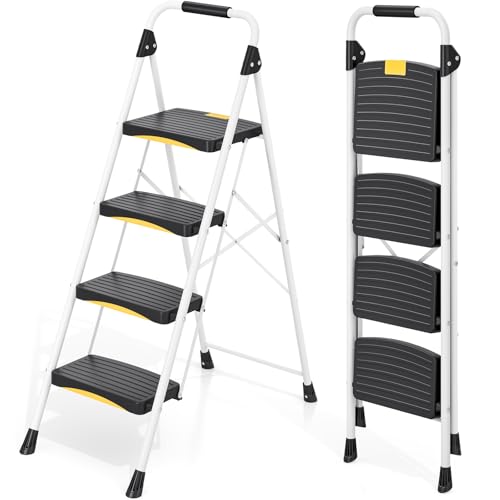 Urackify Escalera 4 Peldaños Plegable, Carga hasta 150kg, Bloqueo de Seguridad, Pedal Ancho Antideslizante, Pasamanos, Escaleras de Tijera Portátil de Acero para Hogar, Cocina, Oficina, Blanco