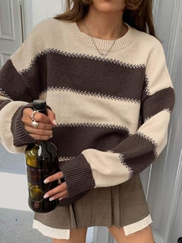 chouyatou Women's 2025 Contrast Striped Sweaters Y2k Vintage Pullover Sweater Slouchy Knit Jumper Tops4