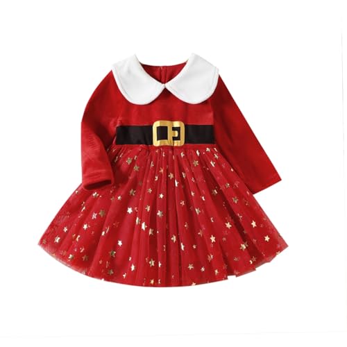 Vestido de Navidad para niña, color rojo, manga larga, vestido de tul con cuello de muñeca, tutú, vestido infantil, estampado de estrella, vestido de princesa, vestido de Navidad, línea A, vestido de
