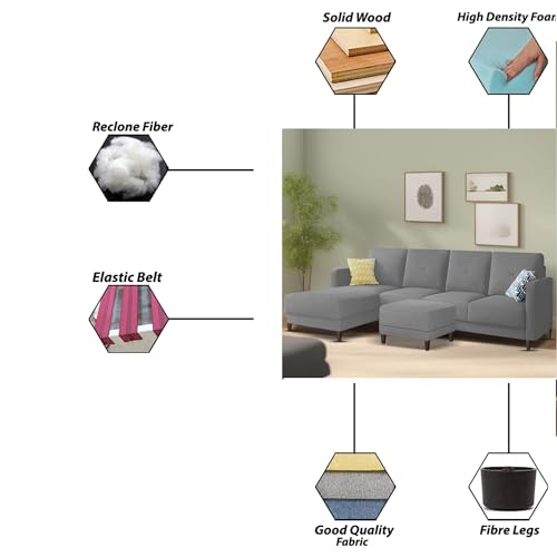 Image of Baloney LHS 6 Seater L Shape Sofa Set with Center Table for Living Room (Grey Fabric) Premium Fabric Sofa