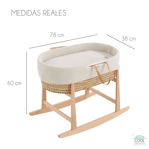 Miniatura 5 de Moisés Para Bebé Recien Nacido, Incluye Vestidura 100 Algodón, Colchón, Balancín Natural, Capazo De Mimbre De Palma Natural Y 2 Bajeras Impermeables Gofre Renard Cooldreams