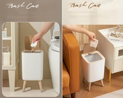 Image of Kriva Modern Plastic Dustbin with Lid | Stylish Indoor Trash Can for Living Room, Bedroom, Kitchen & Office | Compact Waste Bin with Push Button (Beige)