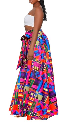 Afibi Womens Casual High Waist Tie Afican Print Long Maxi Skirt with Pockets4