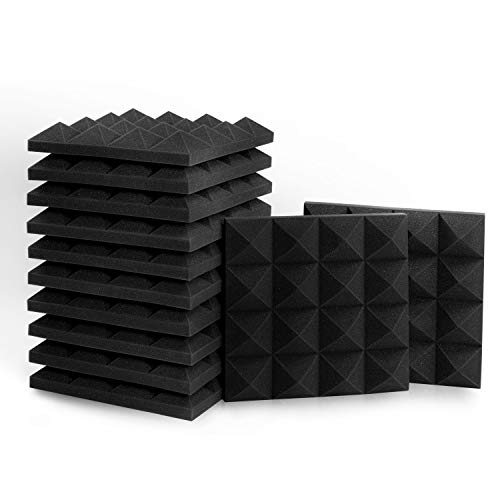 Acoustic Foam Panels, Studio Wedge Tiles, 2" X 12" X 12" Acoustic Foam Sound Absorption 3D Pyramid Studio Treatment Wall Panels (12 Pack, Black)