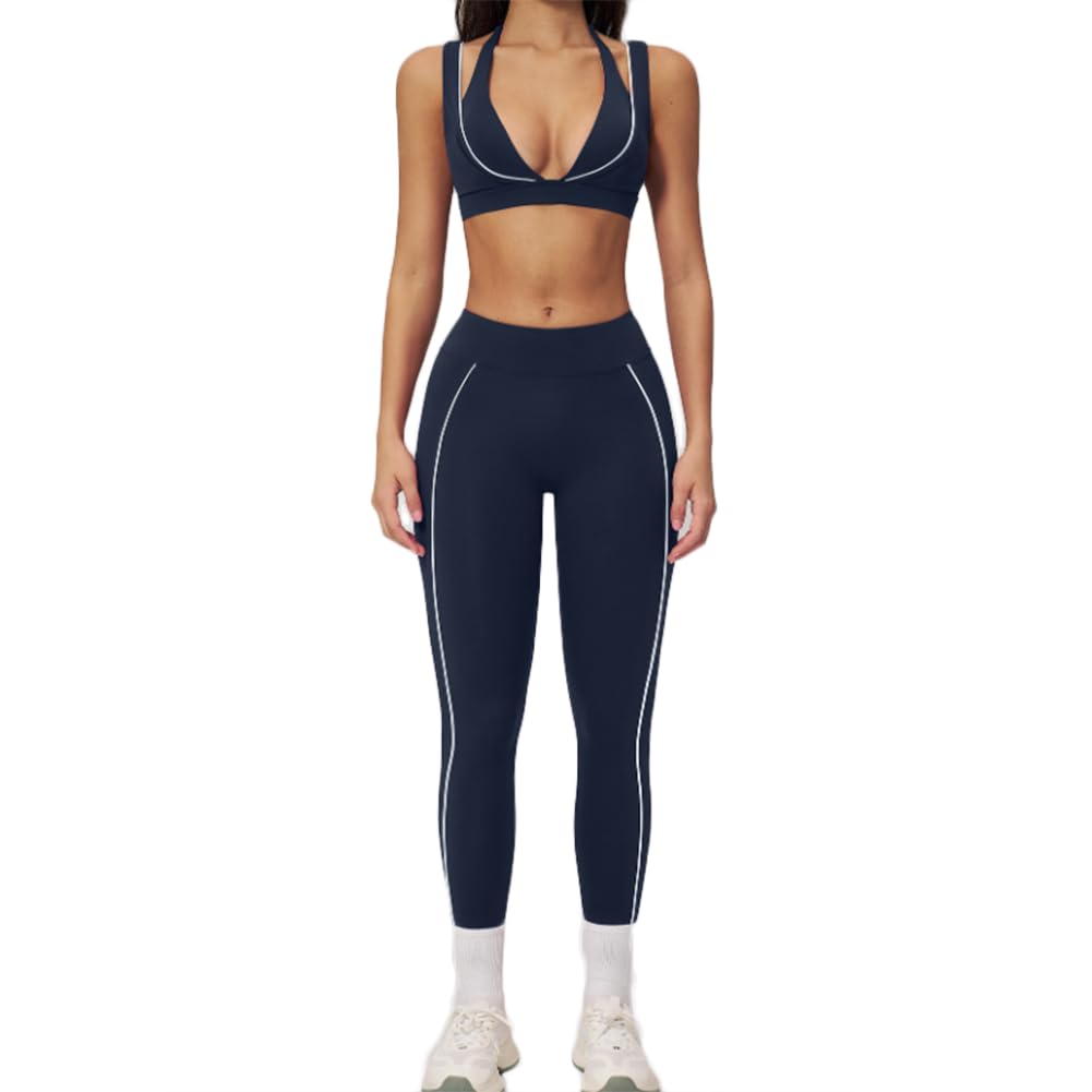 XYFfybhsd V Neck Halter Sports Bra High Elastic Support Matching Running Fitness Full Length Leggings Slim Yoga Set Workout Active Outfit(Size:L,Color:Blue)