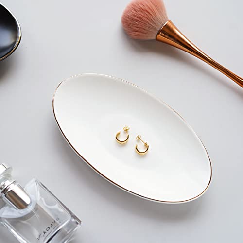 Ceramic Jewelry Tray Dish, 7 X 4" Key Bowl For Entryway Table, Ring Holder For Jewelry Small Decorative Bowl, White #TOP1