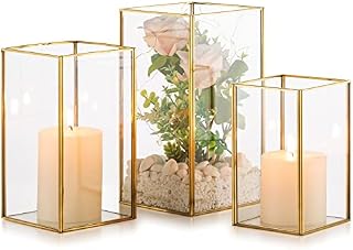 Nuptio Hurricane Candle Holder Glass - Set of 3 Decorative Candle Lantern for Pillar, Tempered Glass Candleholder Outdoor for Wedding Christmas Halloween Living Room Tabletop Fireplace Home Decor Gold