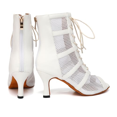 Image of AOQUNFS Women Ballroom Dance Shoes Lace-up Open Toe Ankle Boots Salsa Latin Dance Heels