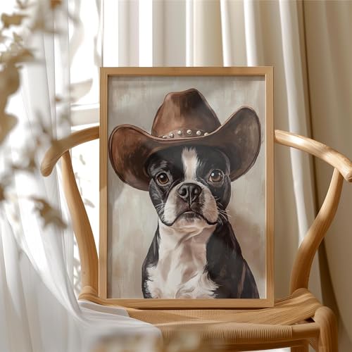 Image of aj decor Boston Terrier Cowboy Hat Wall Art Print Poster, Dog Pet Lover Picture Painting Artwork Bedroom Living Room Office Dining Room 150D (Boston Terrier Cowboy Hat, 11 inch W x 14 inch L, Wood Frame)