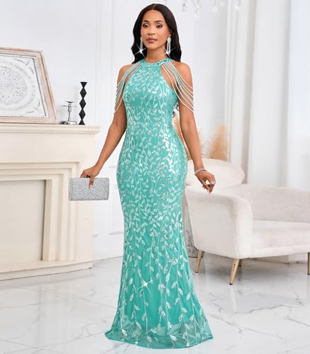 Image of Cololura Women Sexy Elegant Sequin Tassel Off Shoulder Halter Bodycon Maxi Dress Party Evening Gown Formal Dress