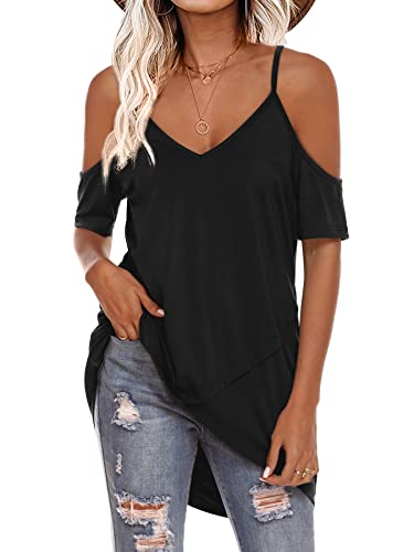 Beluring Women's V-Neck Cold Shoulder Shirts Summer Casual T Shirt Black M Beluring Women's V-Neck Cold Shoulder Shirts Summer Casual T Shirt Black M