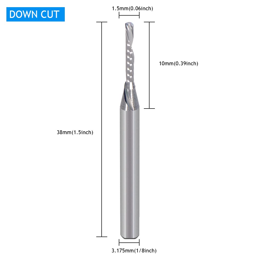 1/8 Inch Down Cut Single Flute (O Flute) Spiral End Mill CNC Router Bits,with 1/16 Inch Cutting Dia，25/64 Inch Cutting Length for Acrylic PVC MDF Wood Pack of 5 (3.175 * 1.5 * 10mm)