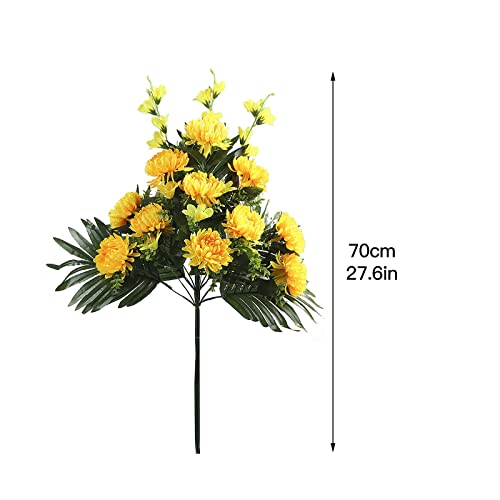 Firlar White And Yellow Artificial Chrysanthemum Cemetery Flowers, 27.6 Inch Fake Flower Branches With Green Leaves Grave Decorations Silks Chrysanthemum Bouquet For Outdoor Grave #TOP1