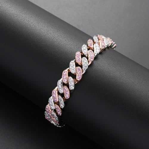 14K Gold 12mm Cuban Link Chain Bracelet with Pink & White Moissanite, Statement Jewelry for Men, Gift for Him3