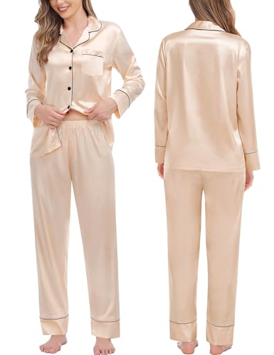 SWOMOG Couples Matching Pajamas Sets Women & Men Silk Satin Long Sleeve Button Down Sleepwear 2 Pcs Classic Loungewear Women Champagne Medium2