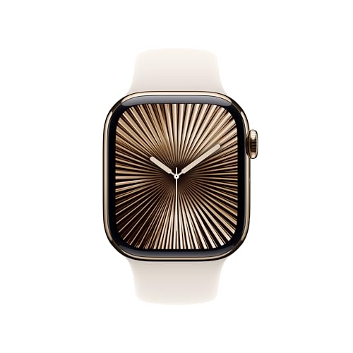 Image of Apple Watch Series 10 [GPS + Cellular 42 mm] Smartwatch with Gold Titanium Case with Starlight Sport Band- M /L. Fitness Tracker, ECG App, Always-On Retina Display, Water Resistant