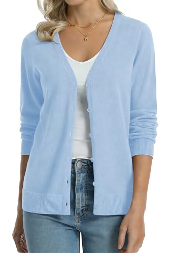 Image of QUALFORT Women's 100% Cotton Lightweight Cardigans Long Sleeve Knitted Button Down Sweater