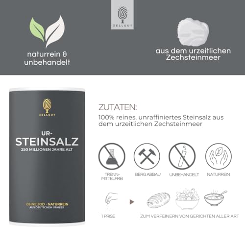 UR-STEINSALZ • 100% deutsches Ur-Steinsalz (naturrein, unbehandelt) • naturrein, aus deutschem Urmeer • Ohne Trennmittel & Bleichmittel • OHNE JOD • OHNE Fluorid