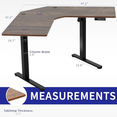 Image of VIVO Rustic Vintage Brown 47 x 47 in Corner Standing Desk, DESK-E1L94N | Electric, Holds 154 lbs, L-Shaped Table, Sit Stand, Height Adjustable, Memory Presets, Home Office, Black Frame
