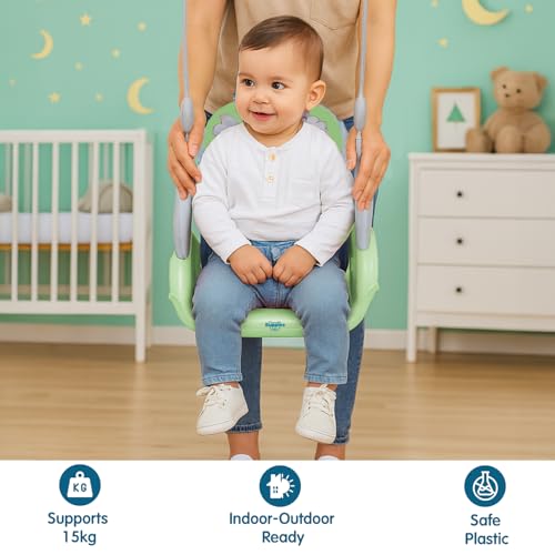 Image of Amazon Brand - Supples Baby Swing for Kids | Non-Toxic Plastic | Indoor & Outdoor Use | Adjustable Design with Safety Belt | Age 6 Months to 4 Years | Green & Grey