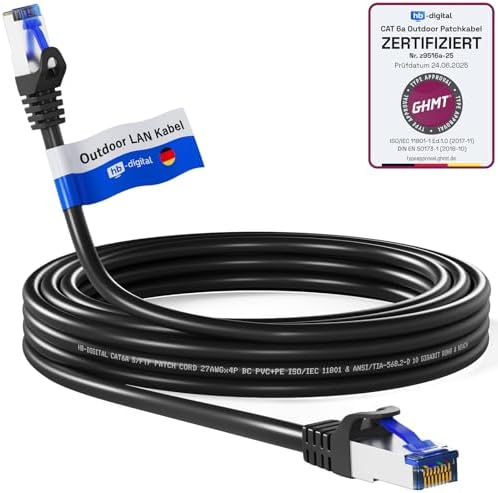 HB-DIGITAL 20m CAT 6a Outdoor LAN Kabel - Schwarz | Netzwerkkabel Patchkabel IP66, GHMT Zertifiziert, RJ45 Ethernet S/FTP PiMF 10 Gbit/s, AWG 27/7 PoE-fähig