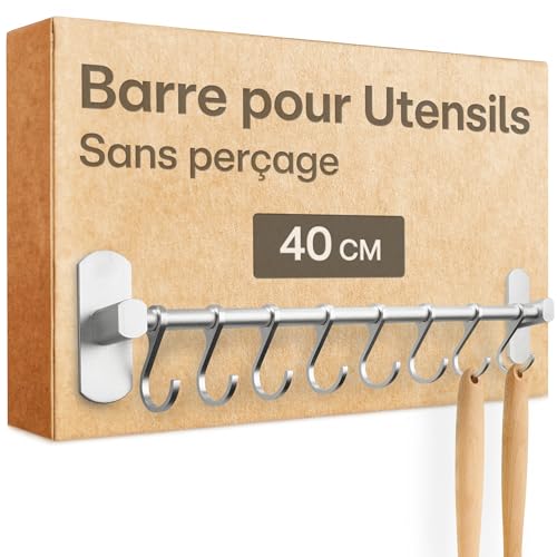 Praknu Barre de Suspension pour Ustensiles de Cuisine avec 8 Crochets - Adhésive & Sans Perçage - Fixation Murale...