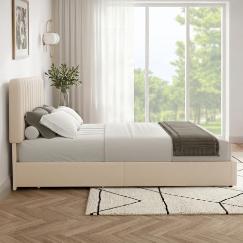Image of VECELO Queen Size Upholstered Bed Frame with 4 Drawers and Headboard, Velvet Platform Storage Bedframe, Wooden Slats Support, No Box Spring Needed, Beige