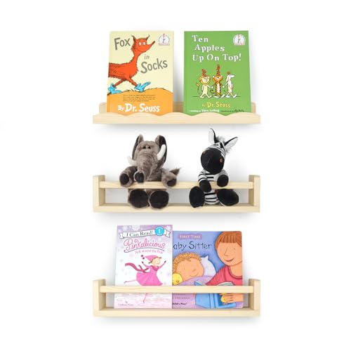 Image of RANXFLOAT Nursery Book Shelves for Wall, 16.5 Inch Solid Wood Floating Nursery Bookshelf, Wooden Floating Shelves for Toys and Decor Storage, 16.5 Inch 2+1 Pack Natural Wood