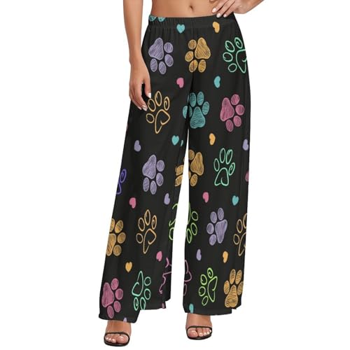 Womens Wide Leg Pants Animal Paw Pattern Casual High Waist Long Palazzo Pants Lounge Beach Trousers