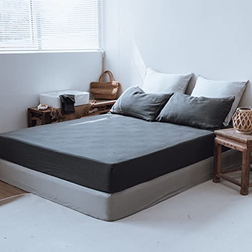 King Linens 100% Linen Fitted Sheet Stone Washed Solid Color - (1 Piece) 14 Inch Deep Pocket Mattress Cover Soft Natural Breathable Farmhouse - Dark Grey, King Size #TOP5