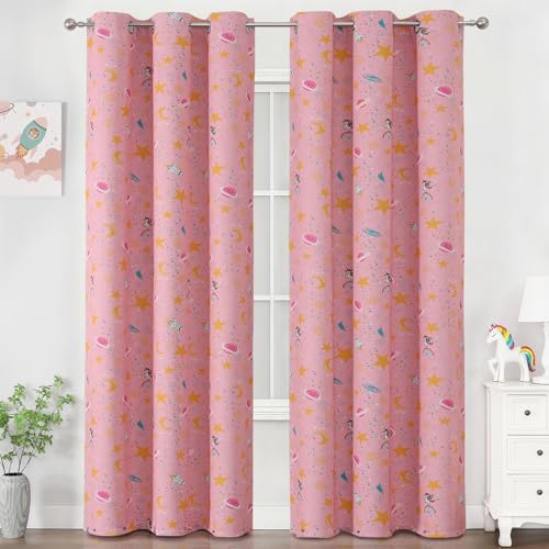Image of Star & Moon Pattern Pink Blackout Curtains for Girls Bedroom 84 Inch Long | Estelar Textiler Cute Unicorn Theme Thermal Insulated Room Darkening Grommet Drapes for Kids Bedroom /Nursery,38Wx84L,2 Panels
