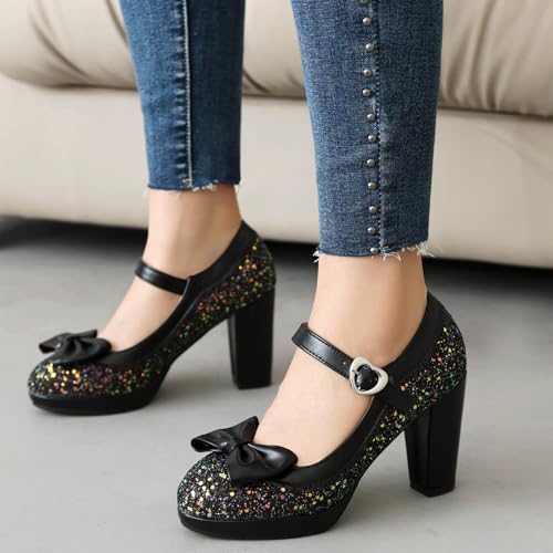 Gicoiz Women Block High Heels Platform Glitter Mary Jane Bow Shoes4