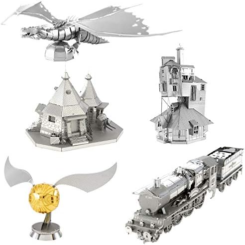 Fascinations Metal Earth 3D Metal Model Kits - Harry Potter Set of 5 - The Burrow - Hogwarts Express Train - Hagrid's Hut - Golden Snitch - Gringotts Dragon