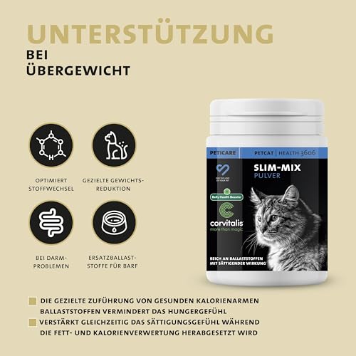 Peticare Diät Schlank Vital Pulver für Katzen | Unterstützt Abnehmen-Prozess und Gewichtskontrolle | Verringert Übergewicht & stärkt Sättigung | natürliches Ergänzungsfutter | petCat Health 3606